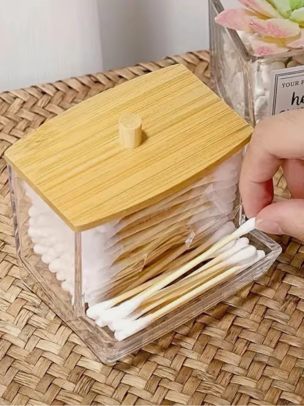 Bamboo Lid Cotton Swab Organizer - Clear & Natural